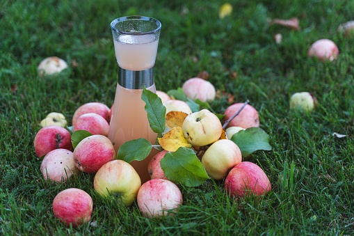 An array of fresh apples spread out on lush green grass with a glass container full of juice