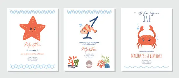 Vector illustration of Under the sea birthday invitation with sea animals