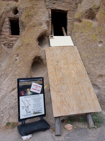 Bandelier National Monument, New Mexico - USA, May 11, 2023. A view inside a Bandelier cliff dwelling is closed due to senseless vandalism.