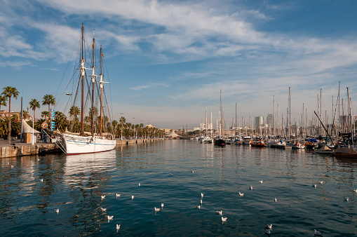 Sailing boats moored at Barcelona Spain
