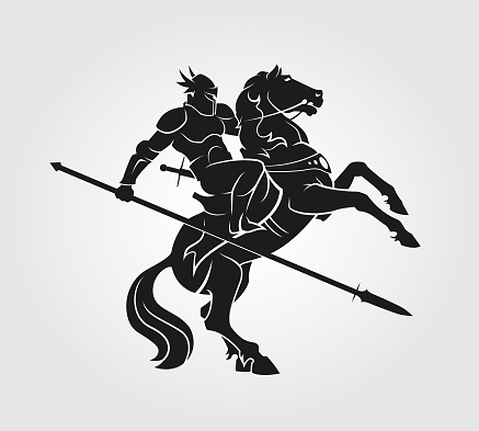 Stylized silhouette of a warrior knight in knightly armor with a spear on horseback - cut out vector illustration, sticker or decal