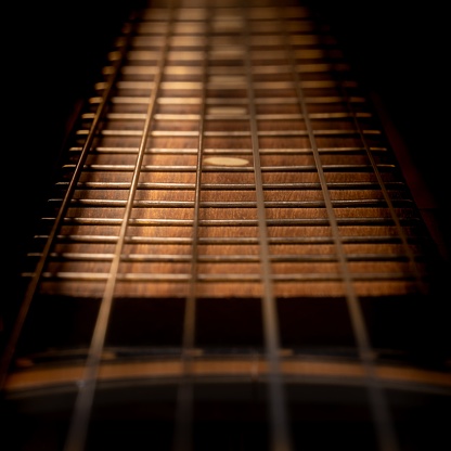 A closeup shot of details on a wooden Spanish acoustic guitar