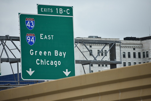 Green Bay and Chicago text sign on highway directions in Milwaukee, Wisconsin