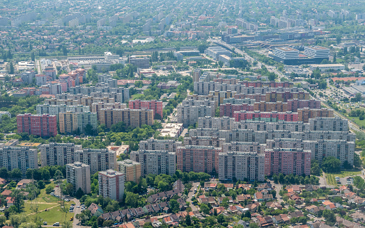 Rows of residential panel buildings in Ujhegy neighborhood of Budapest, Hungary.