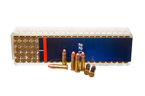 A box of .22lr cartridges. Small-caliber cartridges for hunting and sports. Isolate on a white background.
