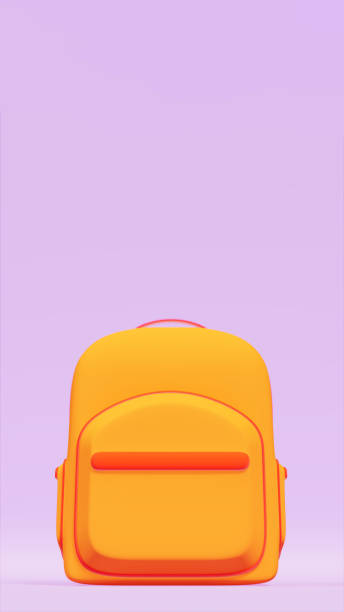 istock Yellow suitcase with orange decorations on purple stage, college and education theme, 3d rendering 1500980481