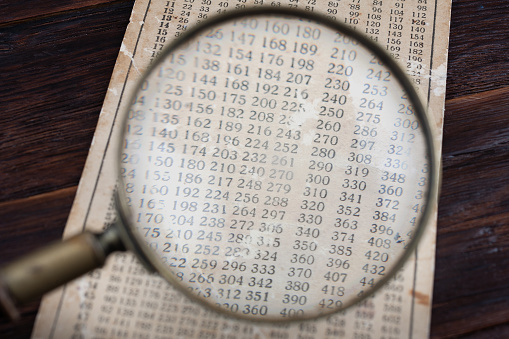 Retro cipher and cryptanalysis. Old vintage magnifying glass with calc table.