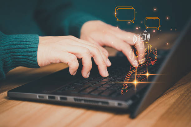 istock Chatbot Chat with AI, Artificial Intelligence. Adult man chatting with a smart AI or artificial intelligence using an artificial intelligence chatbot developed, Futuristic technology transformation. 1500988352