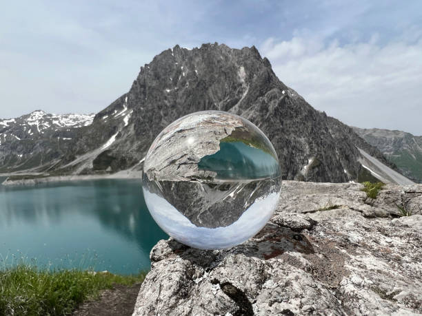 Lensball, reflecting lake Lünersee, Austria stock photo