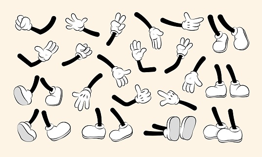 Cartoon hands and legs collection. Cute retro animation white feet and gloves characters body parts, abstract simple funny person gestures. Vector comic set of mascot leg and footwear illustration