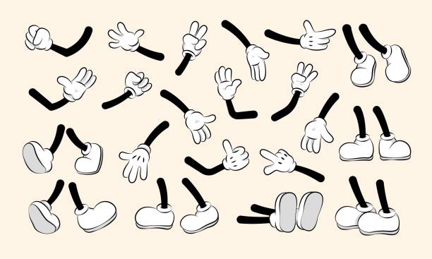 Cartoon hands and legs collection. Cute retro animation white feet and gloves characters body parts, abstract simple funny drawn person gestures. Vector comic set Cartoon hands and legs collection. Cute retro animation white feet and gloves characters body parts, abstract simple funny person gestures. Vector comic set of mascot leg and footwear illustration walking animation stock illustrations