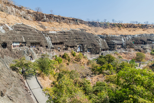 Buddhist caves carved into a cliff in Ajanta, Maharasthra state, India