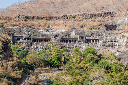 Buddhist caves carved into a cliff in Ajanta, Maharasthra state, India