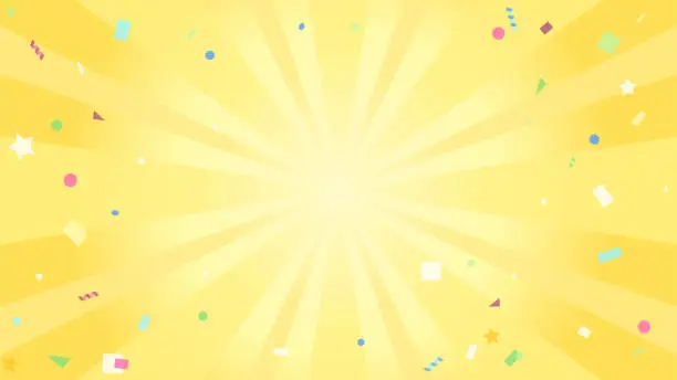 Vector illustration of Background with confetti dancing like a cracker popping Yellow. Ratio 16:9