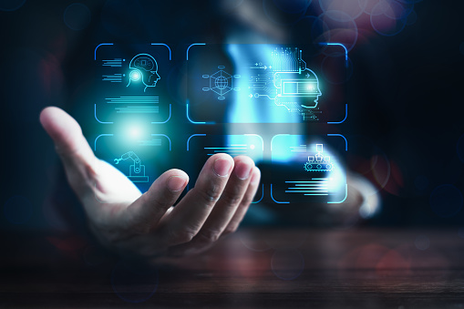 Instant Knowledge Device Mans Hand Connecting With Ai For Instant Information Access Stock Photo ...