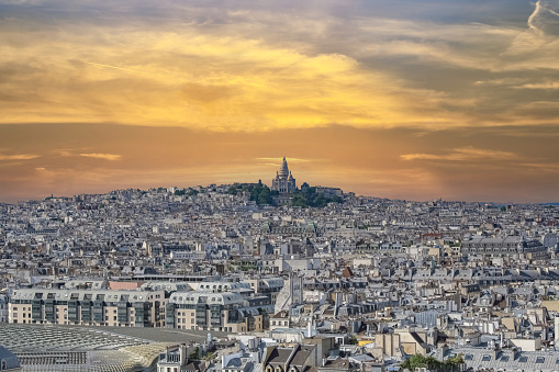 Paris, aerial view of the city, with Montmartre and the Sacre-Choeur basilica in background
