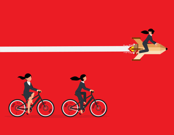 istock Business competition and competitors. Businesswoman riding a rocket leading others in a race 1501022006