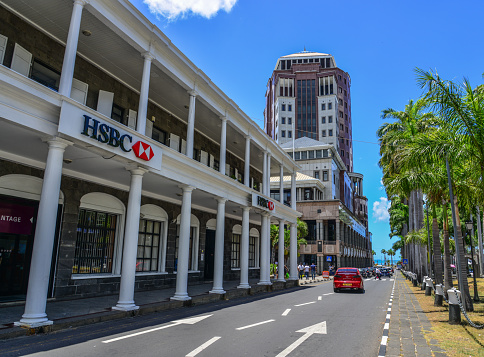 Port Louis, Mauritius - Jan 4, 2017. Cityscape of Port Louis Dowtown on Mauritius Island. Port Louis is the smallest district and certainly the warmest town of Mauritius.