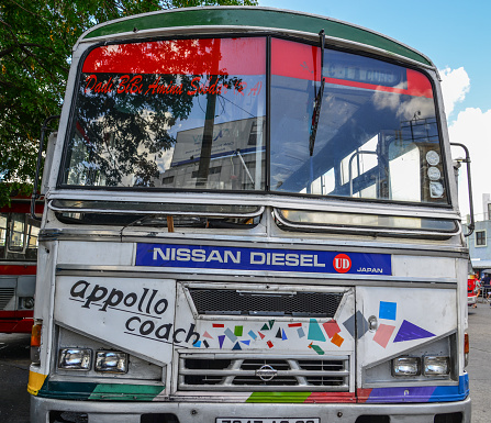 Port Louis, Mauritius - Jan 4, 2017. A local bus in Port Louis Dowtown on Mauritius Island. Port Louis is the smallest district and certainly the warmest town of Mauritius.