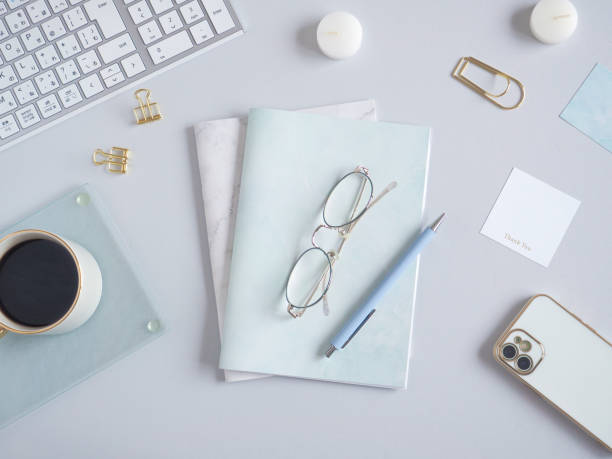 istock Light gray flat lay top view women's office desk, women's workspace, PC desk image 1501025766
