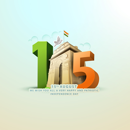vector illustration of Independence Day of India, for 76th Independence Day of India with indian monuments sketch and Creative National Tricolor Indian flag design and flying pigeon.