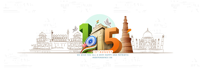 vector illustration of Independence Day of India, for 76th Independence Day of India with indian monuments sketch and Creative National Tricolor Indian flag design and flying pigeon.