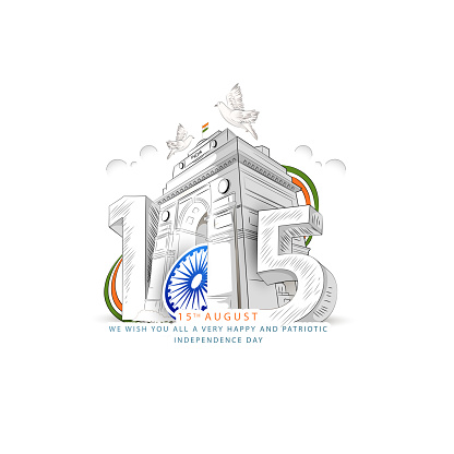 vector illustration of Independence Day of India, for 76th Independence Day of India with indian monuments sketch and Creative National Tricolor Indian flag design and flying pigeon.