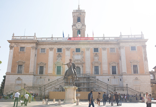 Rome, Italy - 12.10.2022: Piazza del Campidoglio in Rome, Italy, on the Capitolium hill. Town Hall building and the Capitoline Museums in the background.