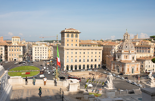Rome, Italy – October 12 2022: Venice Square view from Vittoriano or Altar of the Fatherland, Rome, Italy