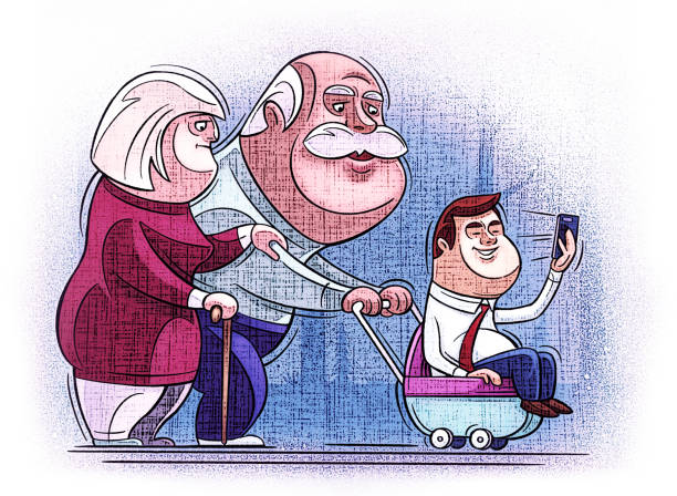 ilustrações de stock, clip art, desenhos animados e ícones de senior couple strolling with son - grandparent grandfather humor grandchild