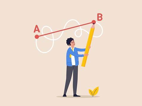 Easy or shortcut way to win business success or hard path and obstacle concept. Man holding pen in hand leads a drawing line from point A to point B, Straight and complicated path