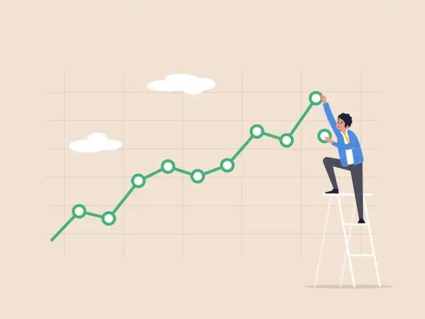 Vector illustration of Stock price growth concept. Asset price soaring or rising up, bullish stock market or economic recovery, confident businessman trader climbing up ladder to draw green rising up investment line graph.