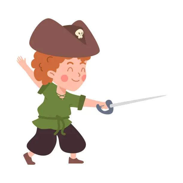 Vector illustration of Vector isolated illustration of boy in pirate costume and cocked hat extended his hand with saber forward, cute cartoon pirate captain kid
