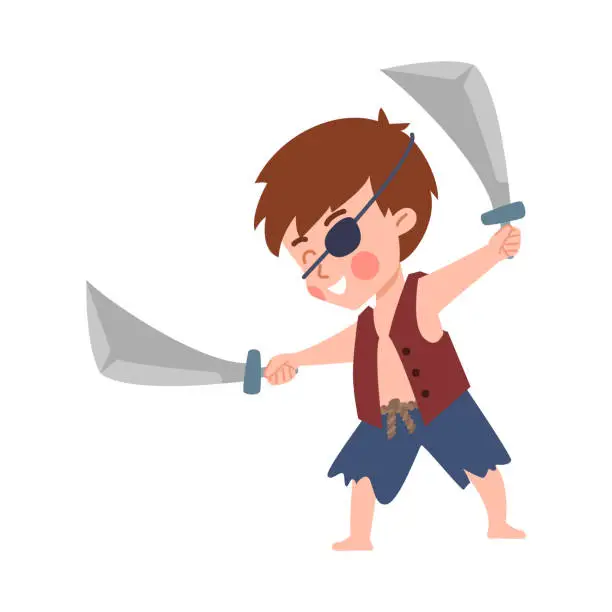 Vector illustration of Kid playing pirate wearing black eye patch flat vector illustration isolated.