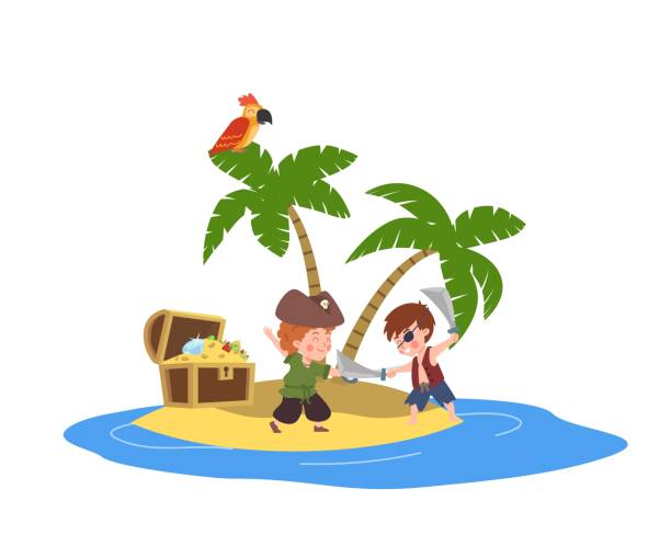 Vector isolated illustration of pirate boys with hats with skull and sabers, knives on small treasure island, parrot sits on palm Vector isolated illustration of pirate boys with hats with skull and sabers,knives on small treasure island. Parrot sits on palm tree next to jewels chest. Great illustration for pirate books and decorations. treasure island map stock illustrations