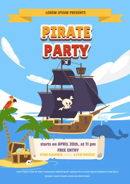 Vector illustration of Happy sea adventure vector poster of pirate party, Pirate ship sails with whale, treasure island with treasure jewels and parrot