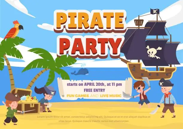 Vector illustration of Pirate party banner with children play buccaneers, flat vector illustration.