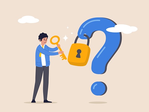 Wisdom or understanding concept. Key to unlock answer for problem and questions, solution or reason to solve problem, smart businessman holding golden key to unlock keyhole on question mark sign