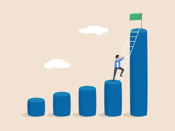 Vector illustration of Growth concept. Effort to reach target or achieve success goal, ambition or determination to grow and reaching goal, courage, ambitious businessman climb up chart and graph to the top of high bar.