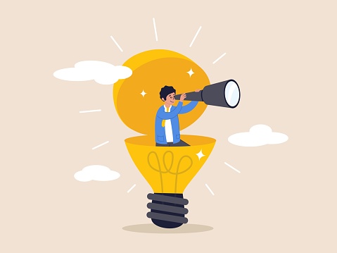 Searching for success concept. Creativity to help see business opportunity, vision to discover new solution or idea, curiosity, businessman open lightbulb idea using binoculars to see business vision