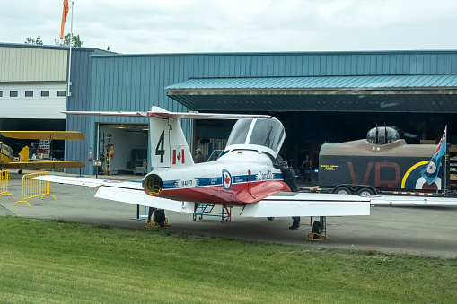 Nanton, Alberta, Canada. Jun 20, 2023. Back view of a Canadair CT-114 Tutor plane