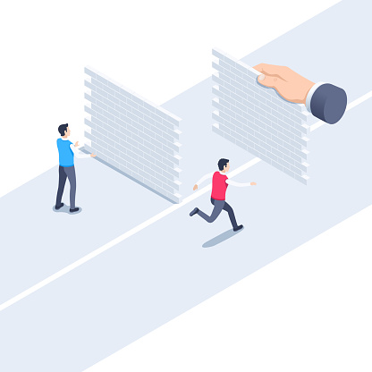 isometric vector illustration on a white background, people in business clothes run along a path with an obstacle in the form of a wall, business competition or help from outside