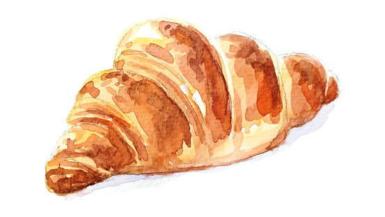 Watercolor hand drawn, croissant isolated on white background. For various products, kitchen decor, menu etc.