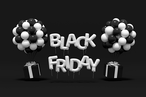 Black Friday Balloons on Black Background. Digitally generated image.