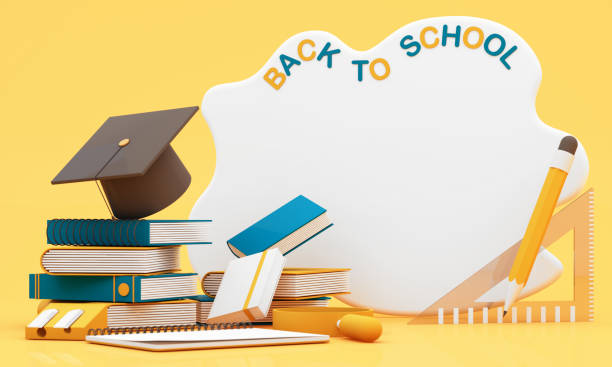 istock write board with books and accessory on yellow background. degree achievements education and Free space for announcing the opening of the study. Back to school concept 3D Rendering, 3D Illustration 1501045040
