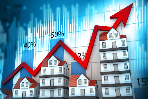 House graph with moving up arrow. Real estate growth graph. 3d illustration