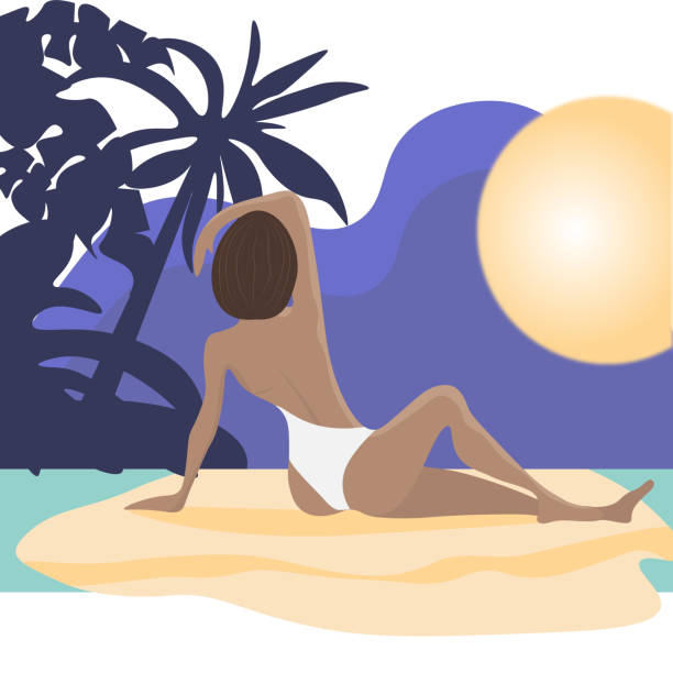 ilustrações de stock, clip art, desenhos animados e ícones de vector illustration of a girl in a swimsuit sitting with her back - girl5