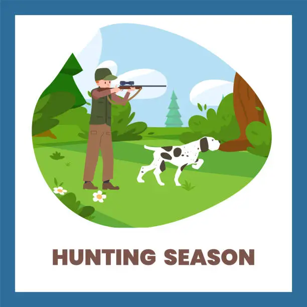 Vector illustration of Vector cartoon poster with man, hunter standing aiming, shooting at shotgun, hunting with dog in the forest, wildlife