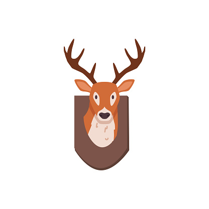 Hunter trophy with deer head, cartoon flat vector illustration isolated on white background. Trophy hunting concept. Wall decoration of deer head with antlers.