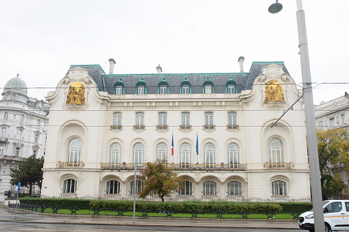 Pitești, Argeș County, Romania - March 18, 2023: The exterior of the historic Pitești Town Hall.